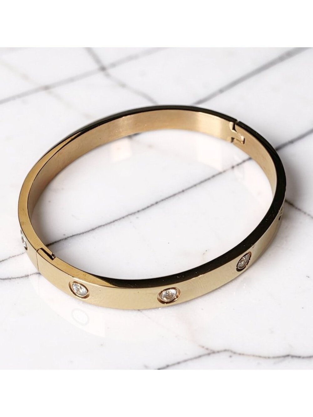 Gold Tone Stainless Steel Bangle Bracelet with Crystal Accents New